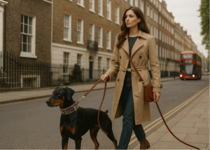 Woman walking a Doberman in London with a premium Leatherific brown leather leash and spiked collar, showcasing stylish dog walking accessories and UK fashion trends.