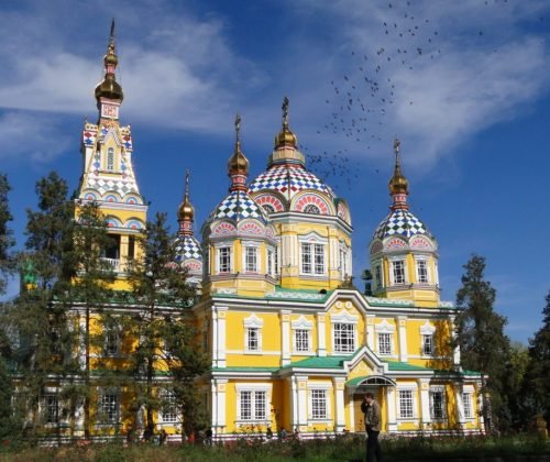 Colorful Zenkov Cathedral in Panfilov Park, a unique Almaty tourist attraction and place to visit in Kazakhstan.